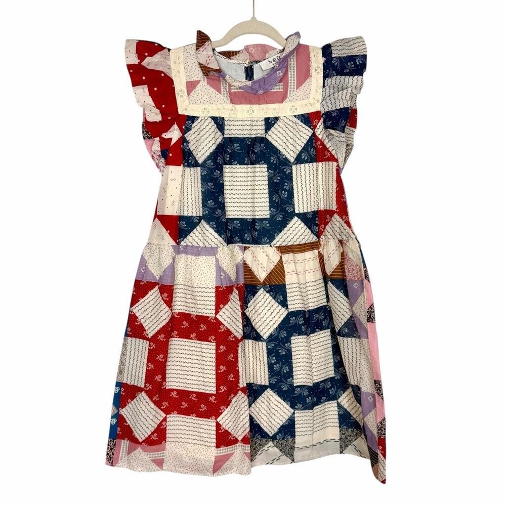 NWOT Sea New York Dress Girls 12Y Red Blue Nohr Patch Flutter Cotton Patchwork